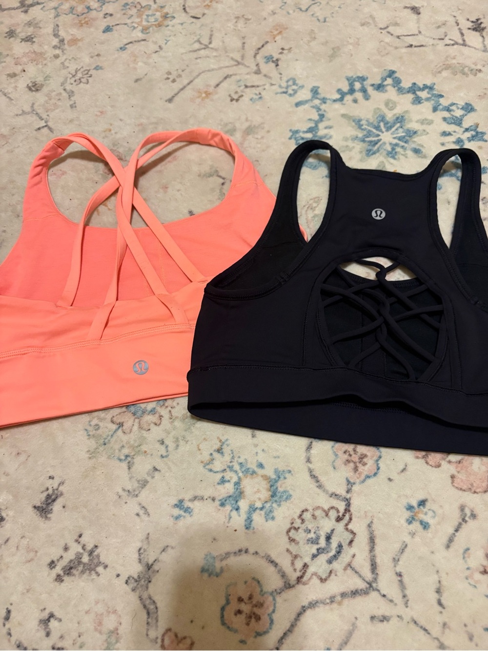 lululemon athletica Coral and Black Strappy Sports Bras- 2 bras. Size 6.